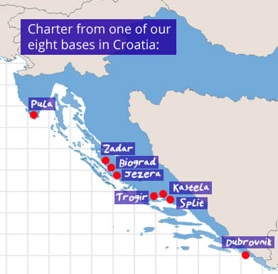 Our 8 Bases in Croatia - Pula, Zadar, Biograd, Jezera, Split, Trogir, Kastela and Dubrovnik.