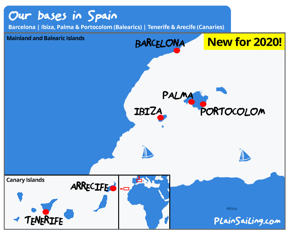 Our Yacht Charter base in Spain - Palma, Portocolom in Mallorca, Ibiza, Barcelona, Tenerife, and Arrecife in Lanzarote